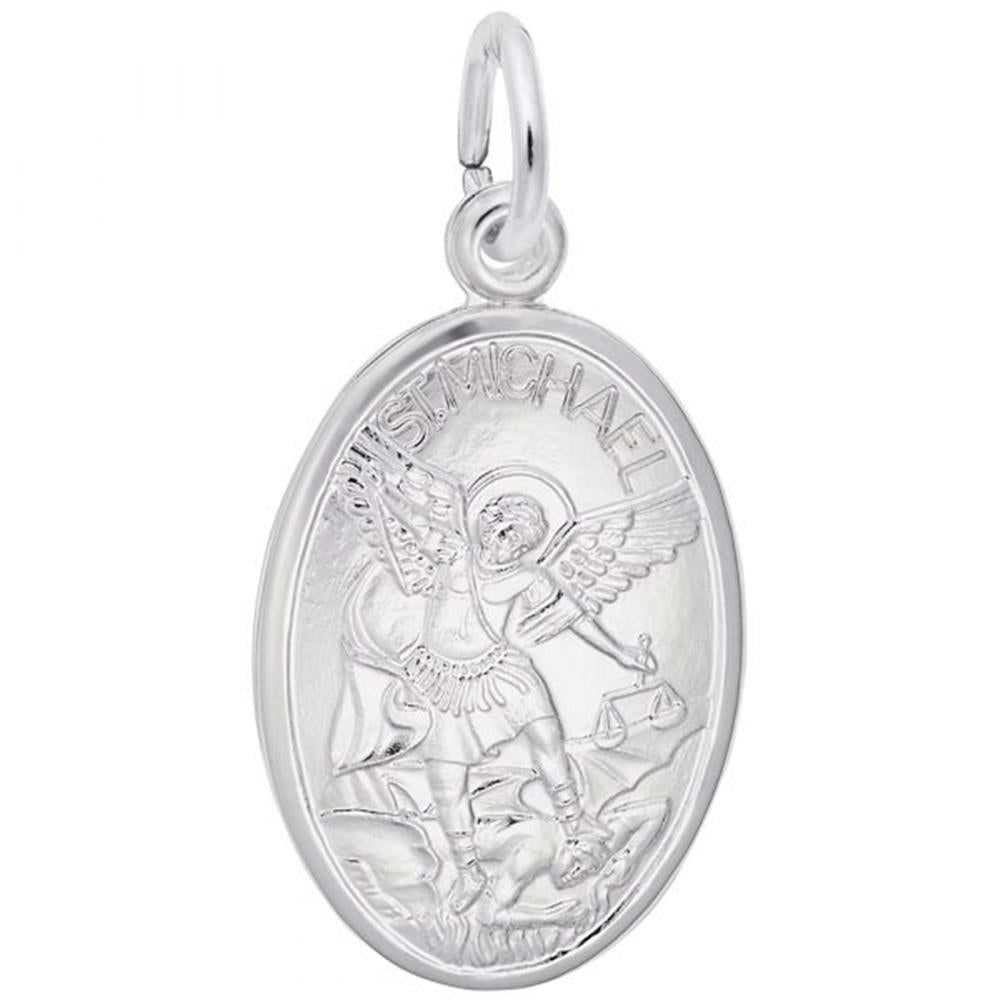 The St. Michael Charm by Rembrandt Charms is a sterling silver oval pendant adorned with a detailed engraving of an angel with outstretched wings, holding a sword and shield. The top of the pendant is inscribed with "ST. MICHAEL," while a small loop allows for easy attachment to a chain or bracelet, making it an ideal piece for any collection.