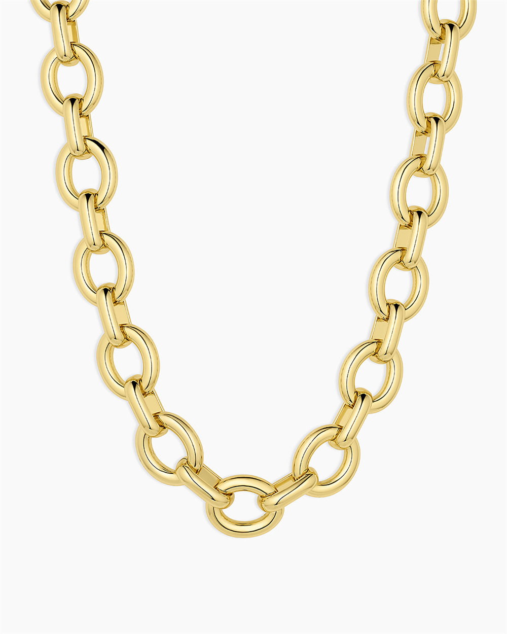 Close-up of Gorjana's Adriana Necklace featuring thick round links in polished 18k gold plating, with large oval-shaped chains shining elegantly against a plain white background.