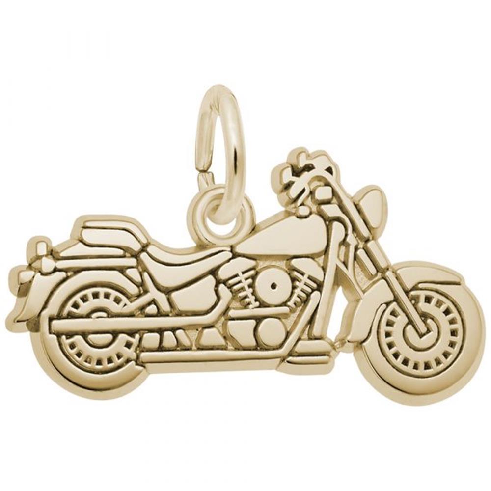 A Motorcycle Charm, crafted by Rembrandt Charms, features gold-plated sterling silver and intricate details of the wheels, seat, and handlebars.