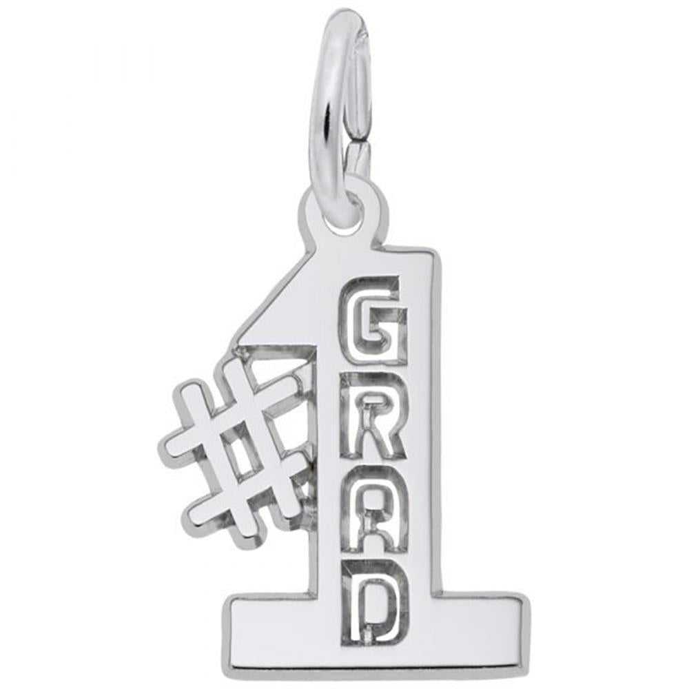 The #1 Grad Charm in Sterling Silver by Rembrandt Charms is a beautifully crafted pendant in the shape of the number one, with "GRAD" vertically engraved. Featuring a hashtag symbol on the left side, it presents as a perfect "#1 Grad Charm." A loop at the top allows easy attachment to any chain.