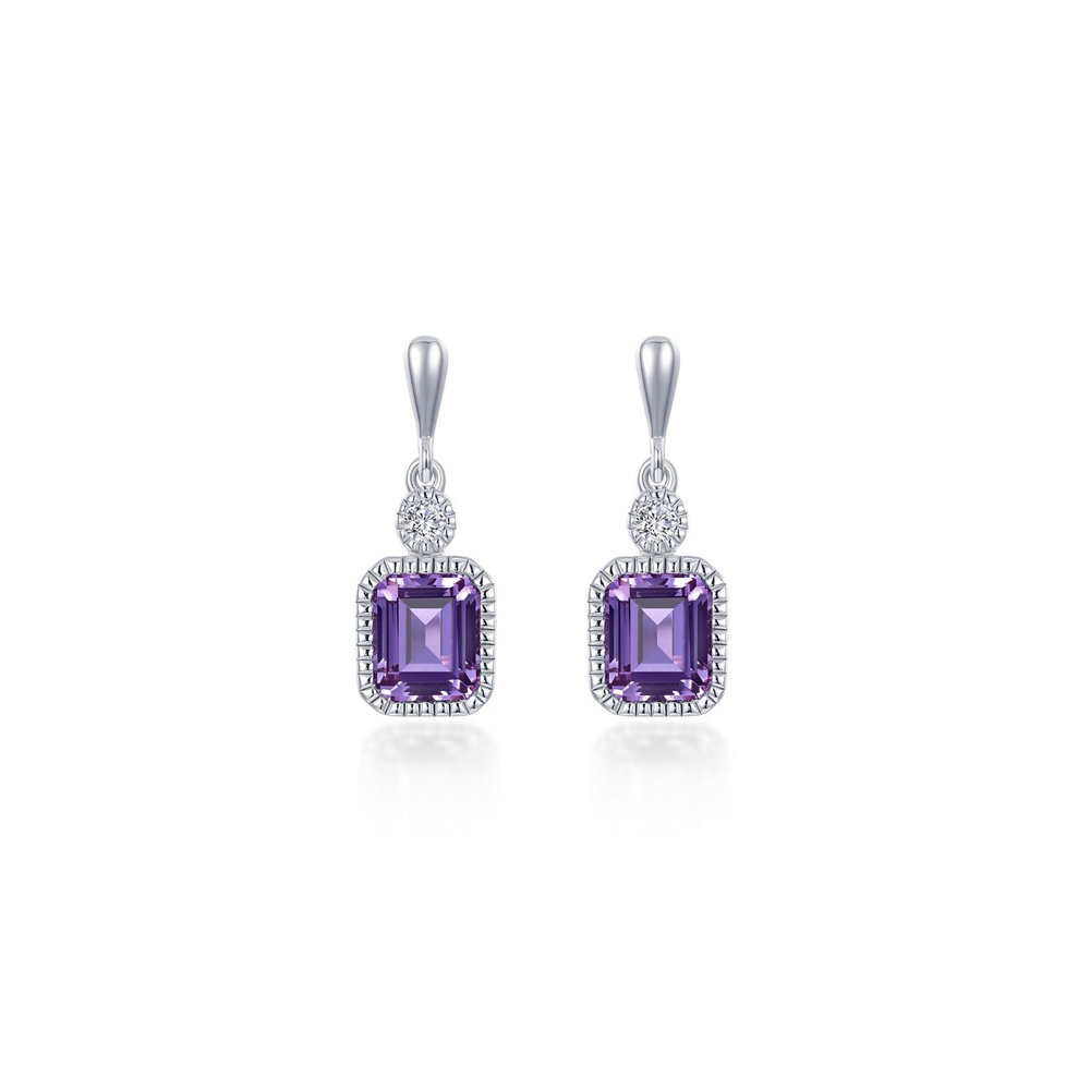 Lafonn’s AMETHYST FEB B STONE EARRINGS feature square-cut purple amethysts surrounded by clear stones, topped with a round clear stone—ideal February birthstone earrings, shown on a white background.