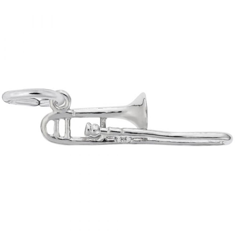 The Rembrandt Charms Trombone Charm in sterling silver showcases a detailed horn and slide, with a small loop at the top perfect for attaching to a keychain, bracelet, or necklace.