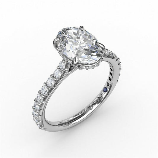 14K White Gold Classic Oval Diamond Solitaire Engagement Ring With Hidden Pavé Halo | FANA