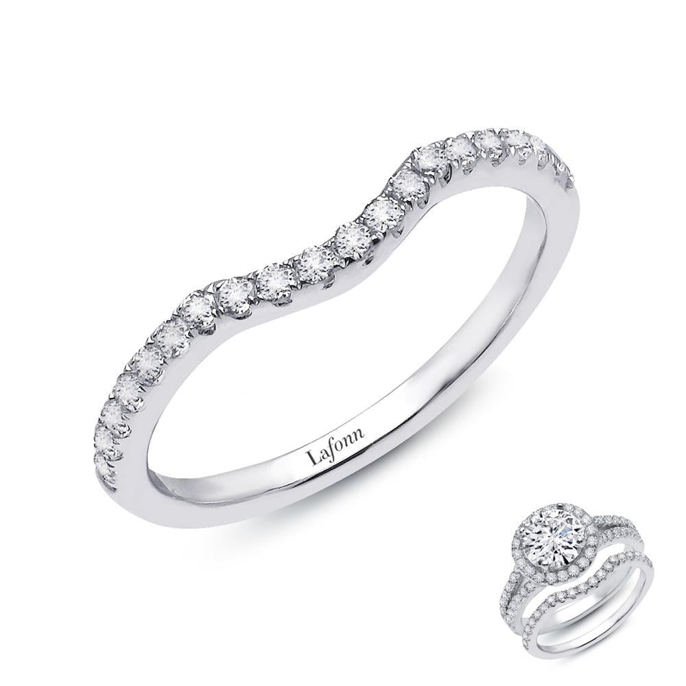 The Lafonn 0.3 CTW Half-Eternity Band is a silver ring featuring a wavy design adorned with small sparkling gemstones along the band. Inside the ring, the brand name "Lafonn" is engraved. Inset: A matching silver engagement ring showcases a large central gemstone surrounded by a halo of smaller gemstones, altogether totaling 0.3 CTW.