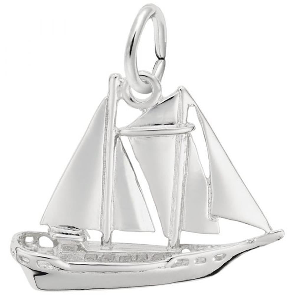 The Sailboat Charm from Rembrandt Charms is a sterling silver pendant shaped like a sailboat with two sails and intricate detailing, including windows and rigging. This charming piece features a small loop at the top for attaching to a chain.