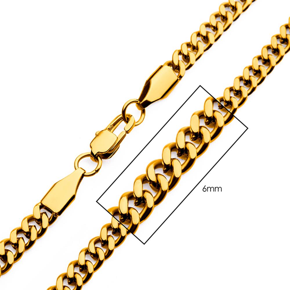 A close-up view of the INOX Men's 6mm 18K Gold Plated Diamond Cut Curb Chain Necklace, highlighting the clasp and a section of the reflective, polished links. The width is indicated as 6mm with a measurement box drawing attention to its elegant craftsmanship. This chain's timeless design adds an exquisite touch to any ensemble.