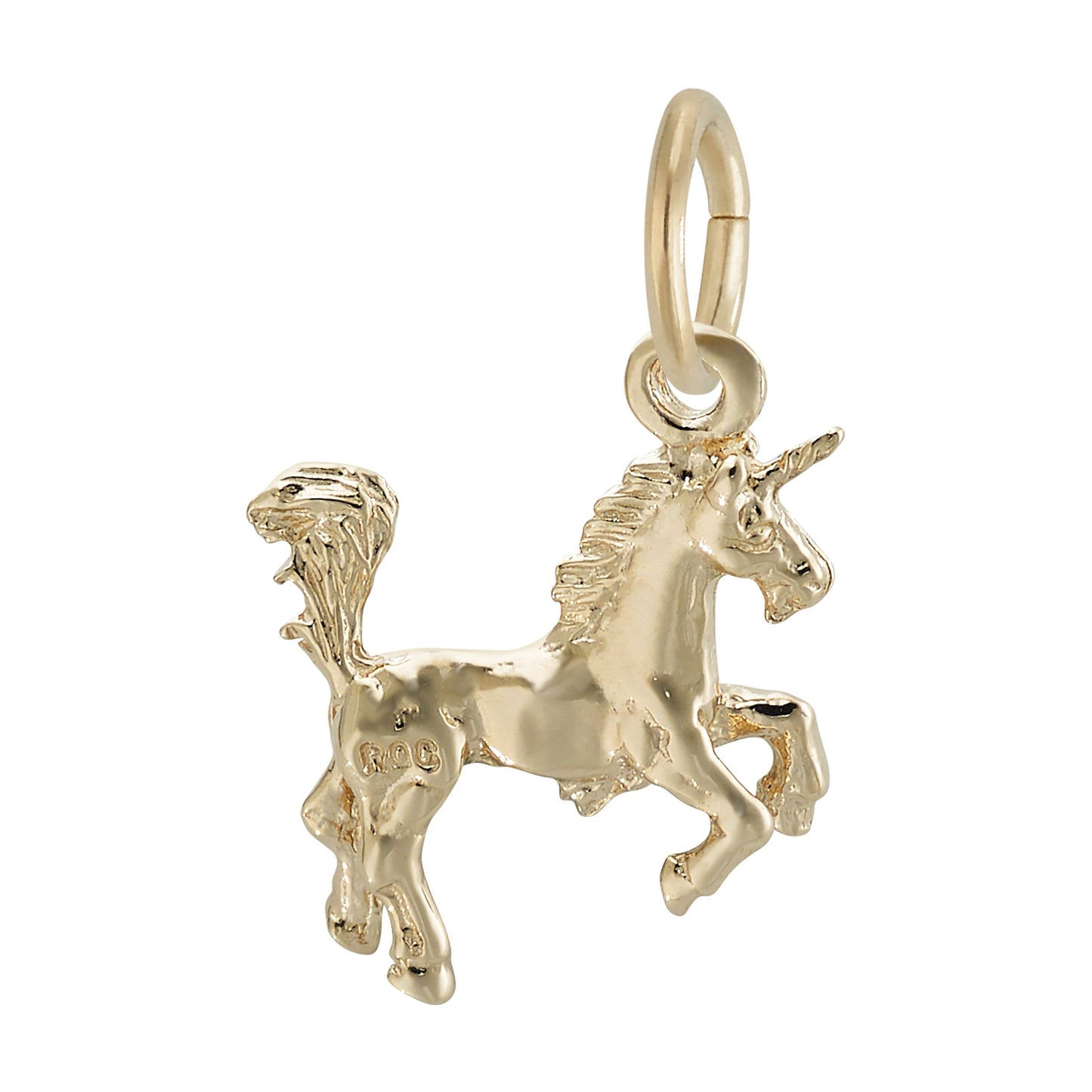 The Rembrandt Charms Small Unicorn Charm- Gold Plated features a unicorn with a raised front leg, flowing tail, and detailed mane, attached to a circular loop for easy addition to your bracelet or necklace. This enchanting charm pairs beautifully with your favorite gold unicorn necklace or sterling silver unicorn chain for a magical finishing touch.
