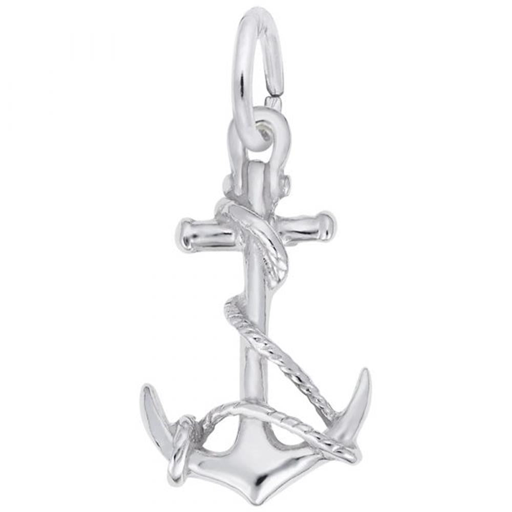 'Sterling silver anchor charm with a rope design, style 7844, measuring 0.5 inches by 0.51 inches (11.4 mm x 19.4 mm)'