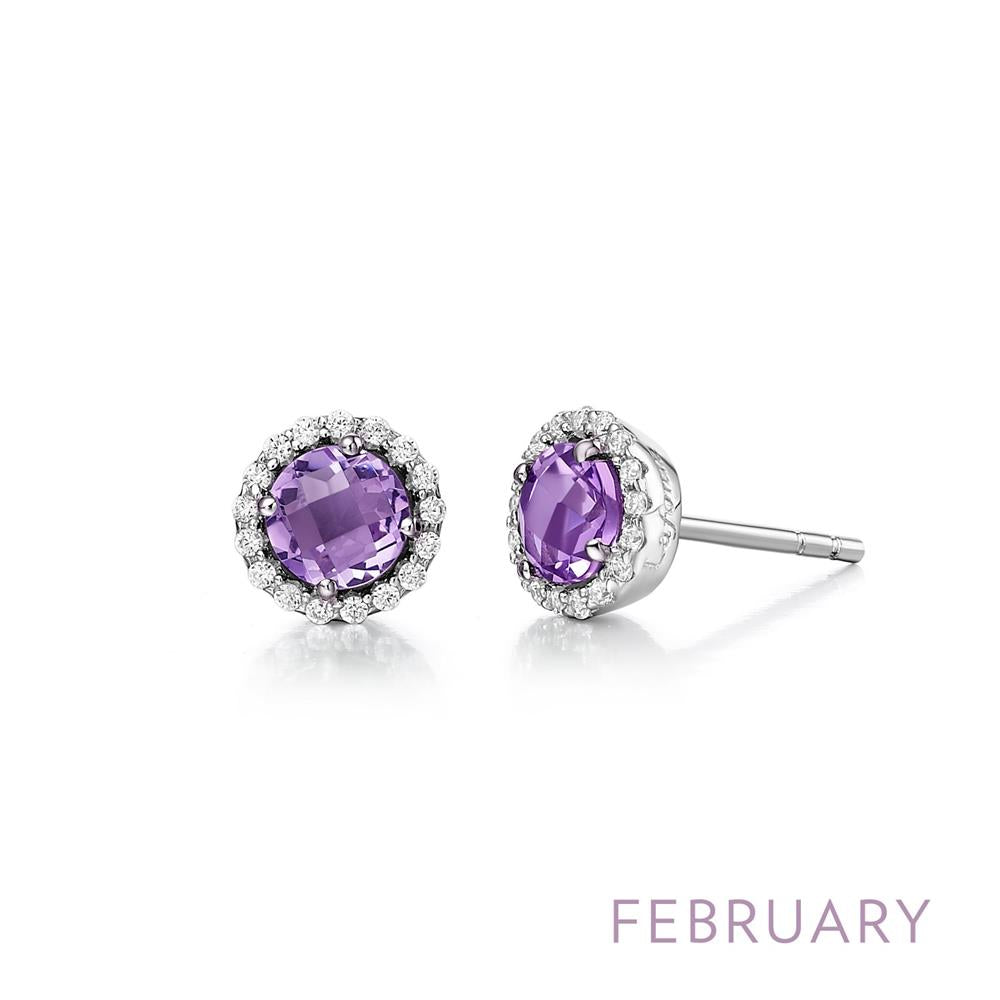 The February Amethyst Birthstone Earrings by Lafonn, featuring round amethyst gemstones encircled by small white diamonds, are displayed against a white background. The word "FEBRUARY" is written in light purple text in the bottom right corner, highlighting this exquisite piece of birthstone jewelry.
