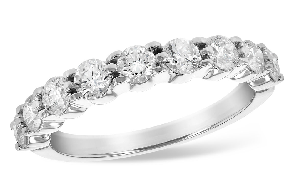 Introducing the Allison Kaufman 14k white gold wedding band, featuring 1 ct of natural round-cut diamonds prong set along the top half of the band for a timeless and elegant look.