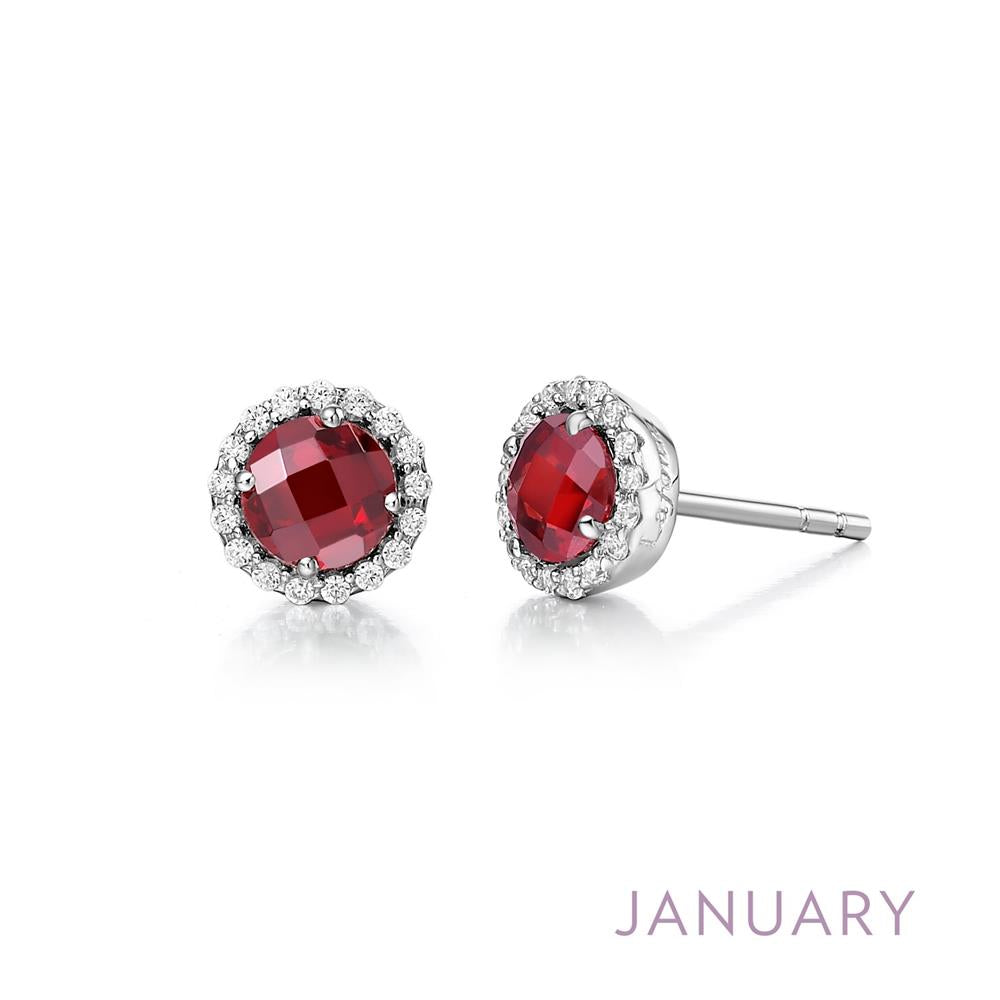 The January Birthstone Earrings by Lafonn are a stunning pair of halo stud earrings featuring round-cut red gemstones, encircled by small clear stones and set in a sterling silver framework. The word "JANUARY" is elegantly written in purple at the bottom right corner of the image, making these earrings perfect birthstone jewelry pieces.