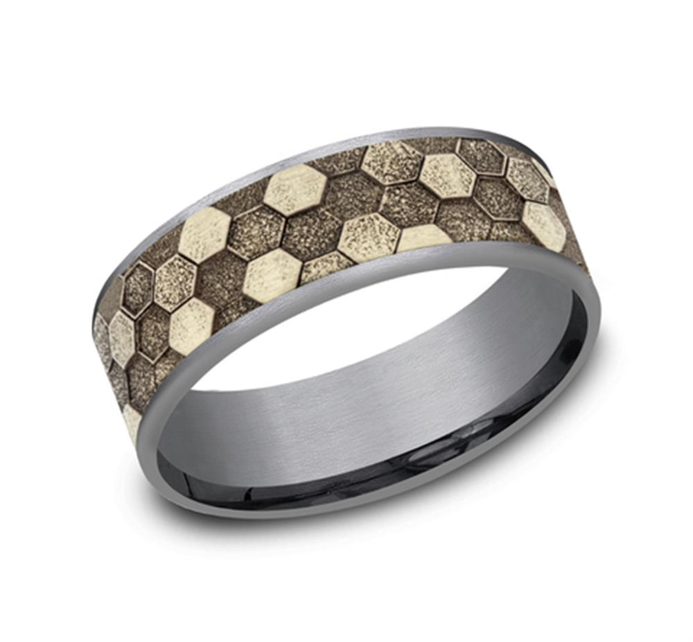 The 14K Yellow Gold Honeycomb Center Ring by Benchmark Rings / Amarra Stone showcases a striking Honeycomb Center pattern in beige and brown hues, reminiscent of a honeycomb design. Featuring a detailed texture that contrasts beautifully with its smooth interior, this elegant ring is available in 14K yellow gold or Grey Tantalum options and has a width of 7.5mm.
