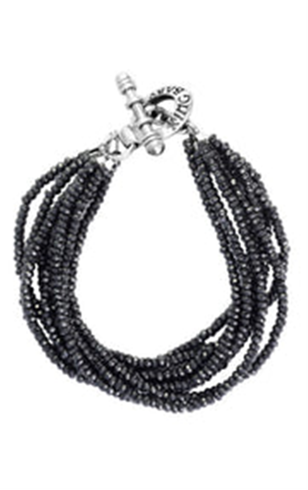 King Baby's 8 Strand Black Spinel bracelet features eight strands of small, round black spinel beads and a silver toggle clasp with engraved text. This multi-strand bracelet creates a stunning, layered look.