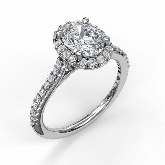 14K White Gold Delicate Oval Shaped Halo And Pave Band Engagement Ring | FANA