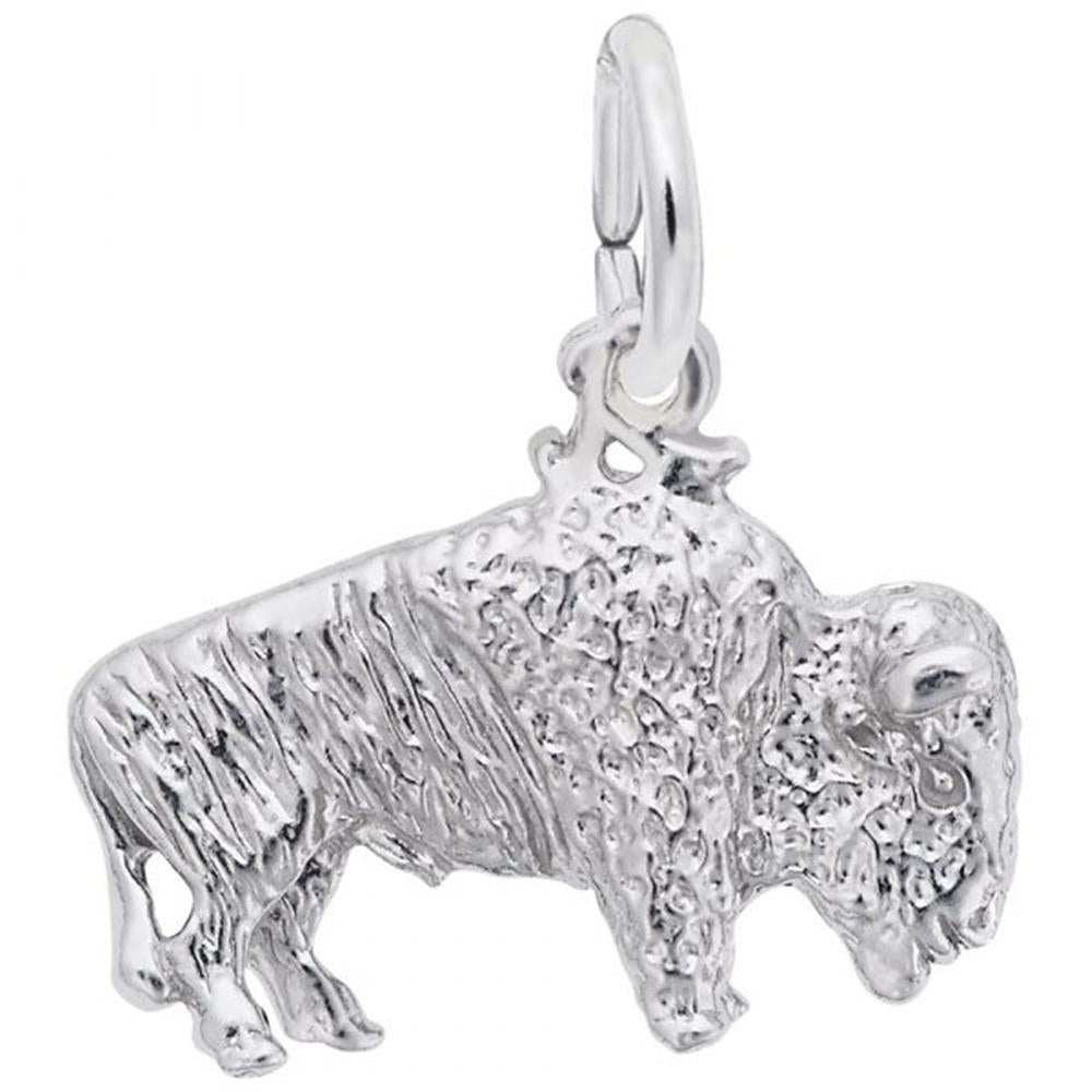 A close-up image of the Bison Charm in Sterling Silver by Rembrandt Charms, showcasing its textured and detailed design. Hanging from a small circular loop at its back, the charm captures the bison's characteristic hump and shaggy fur with remarkable precision.