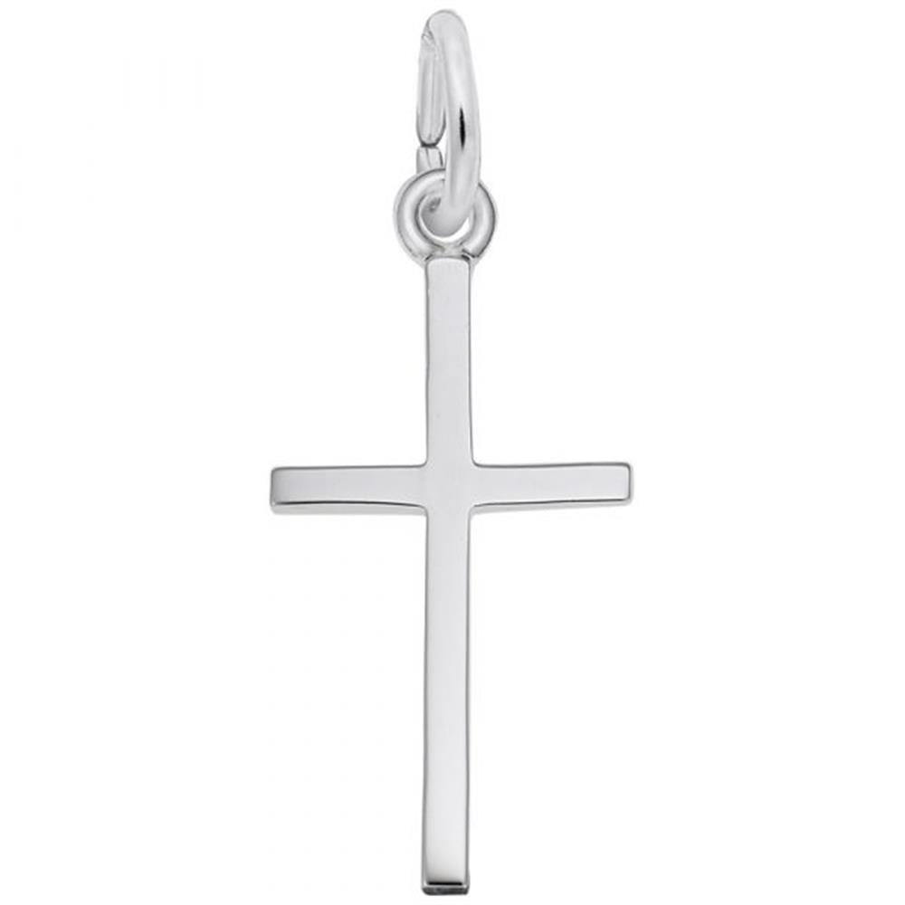 The Medium Thin Cross Charm in Sterling Silver by Rembrandt Charms boasts a sleek, uncomplicated design with a small loop for easy chain attachment. This elegant piece is displayed against a plain white background.