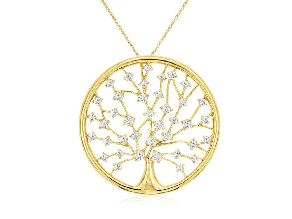 Royal Jewelry's 14k YG diamond tree pendant, totaling 0.48 ct, features a tree with branches set in a circular frame and adorned with small stones, hanging elegantly from a delicate gold chain.