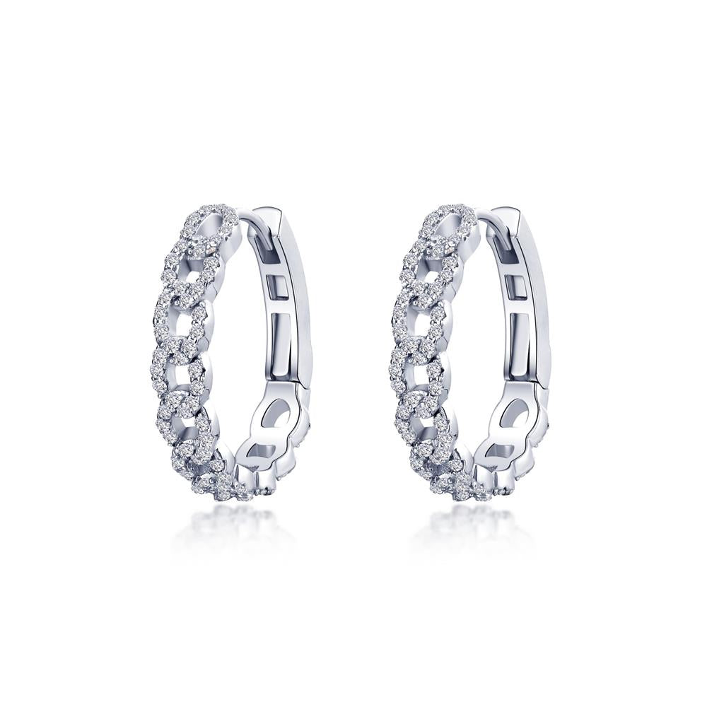A pair of elegant Interlocking Circles Hoops by Lafonn, designed in the shape of half-hoops, featuring a continuous row of sparkling white gemstones set in a twisted pattern. The jewelry showcases interlocking circles for added sophistication and has a smooth finish with a clasp mechanism for secure wear.