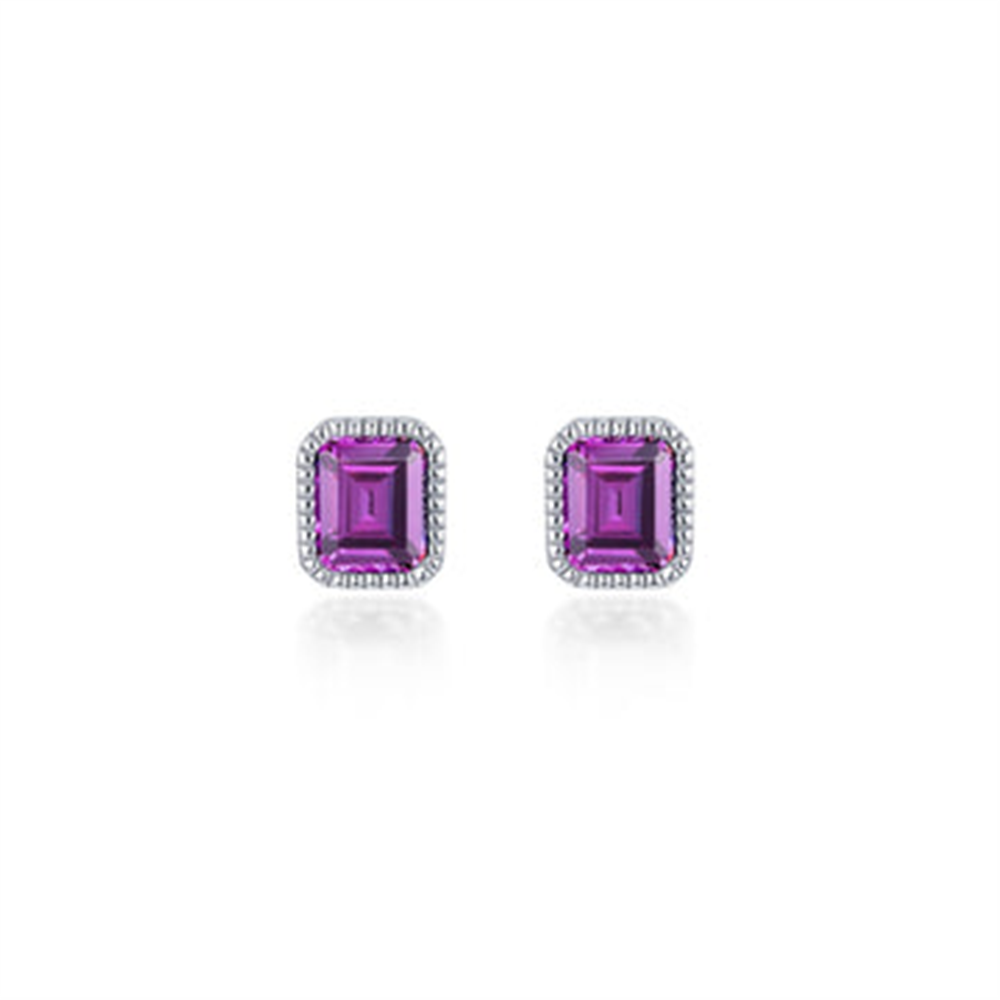 A pair of Lafonn's Simulated Alexandrite June Birthstone Earrings featuring rectangular-cut simulated alexandrite gemstones, each surrounded by small, clear stones set in a silver setting, displayed against a white background.
