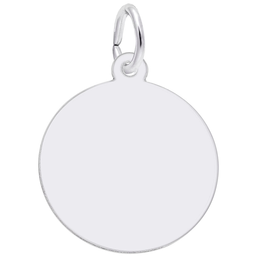 A blank, silver, circular charm with a small loop at the top, designed for attaching to a bracelet or necklace. The A Date to Remember Script Disc Charm in Sterling Silver has a smooth and shiny surface, suitable for engraving or personalization. Part of the elegant Rembrandt Charms collection.