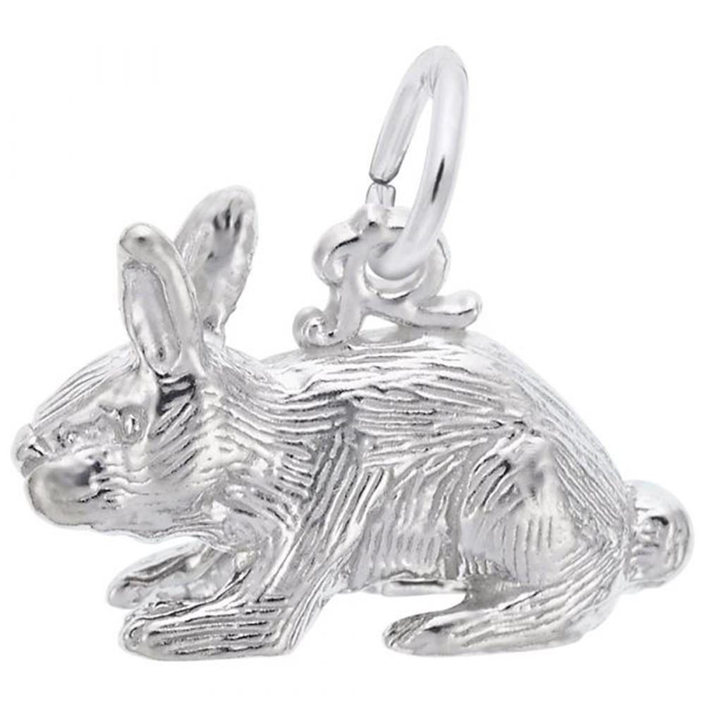The Rabbit Charm in sterling silver by Rembrandt Charms features a detailed fur texture and perked-up ears, complete with a loop on top for easy attachment to bracelets or necklaces. The charm is displayed against a plain white background.