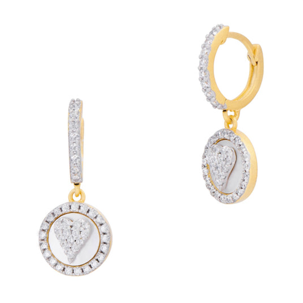 Freida Rothman Sentiments Heart Charm Earrings: 14K gold hoops with round pendants, featuring a heart-shaped cluster of lab-created diamond simulants and a circle of sparkling stones at the center.