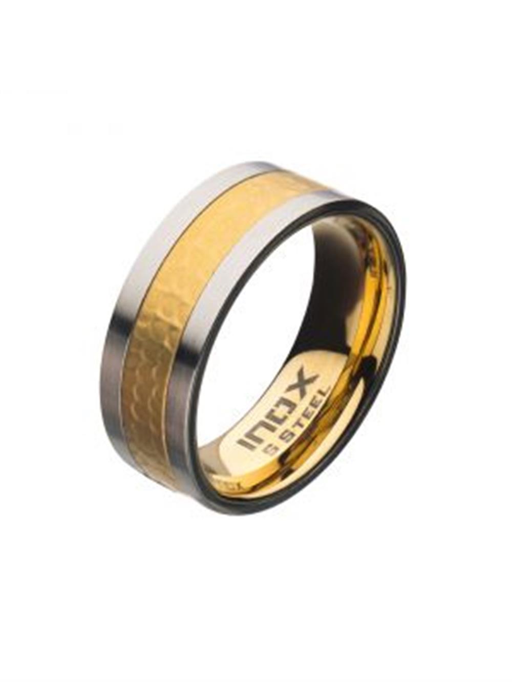 The Men's Stainless Steel Matte Edge Ring by INOX features a wide band design with a sophisticated two-tone finish. The polished silver outer edges complement the gold-plated, hammered texture of the central band. Available in size 11, this comfortable ring is engraved on the inside with "INOX" and "S STEEL.