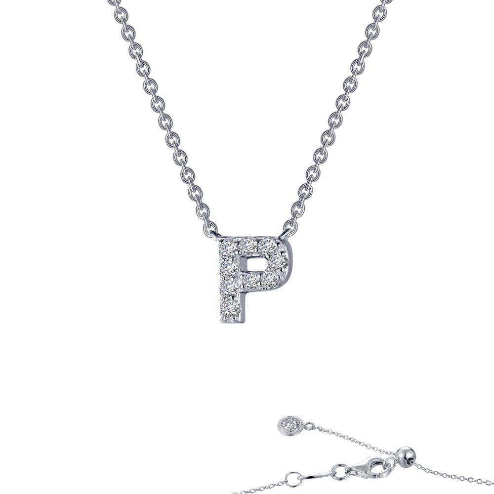 The Lafonn Letter P Pendant Necklace features a stunning sterling silver pendant encrusted with Lassaire simulated diamonds. The chain is elegantly crafted with adjustable links and secured by a clasp adorned with a small round charm.