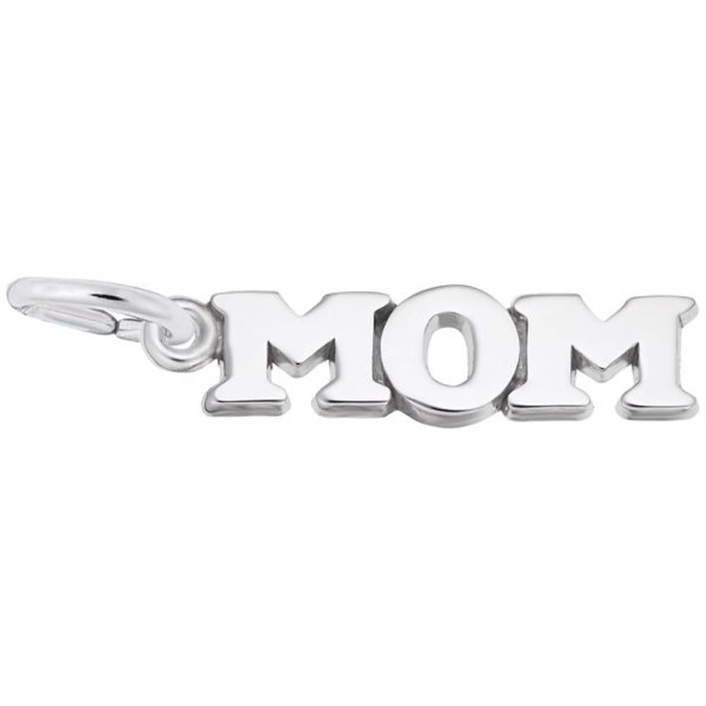 A Rembrandt Charms Mom Charm / Sterling Silver, designed to be attached to a necklace or bracelet. Crafted from sterling silver, the bold and shiny letters create a simple yet elegant piece of jewelry – a perfect Mom Charm.