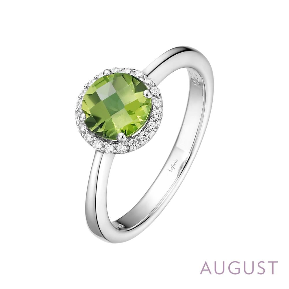 The Lafonn August Birthstone Ring features a round green peridot accented by clear diamonds, all set in silver, with "AUGUST" in purple text at the bottom right corner.