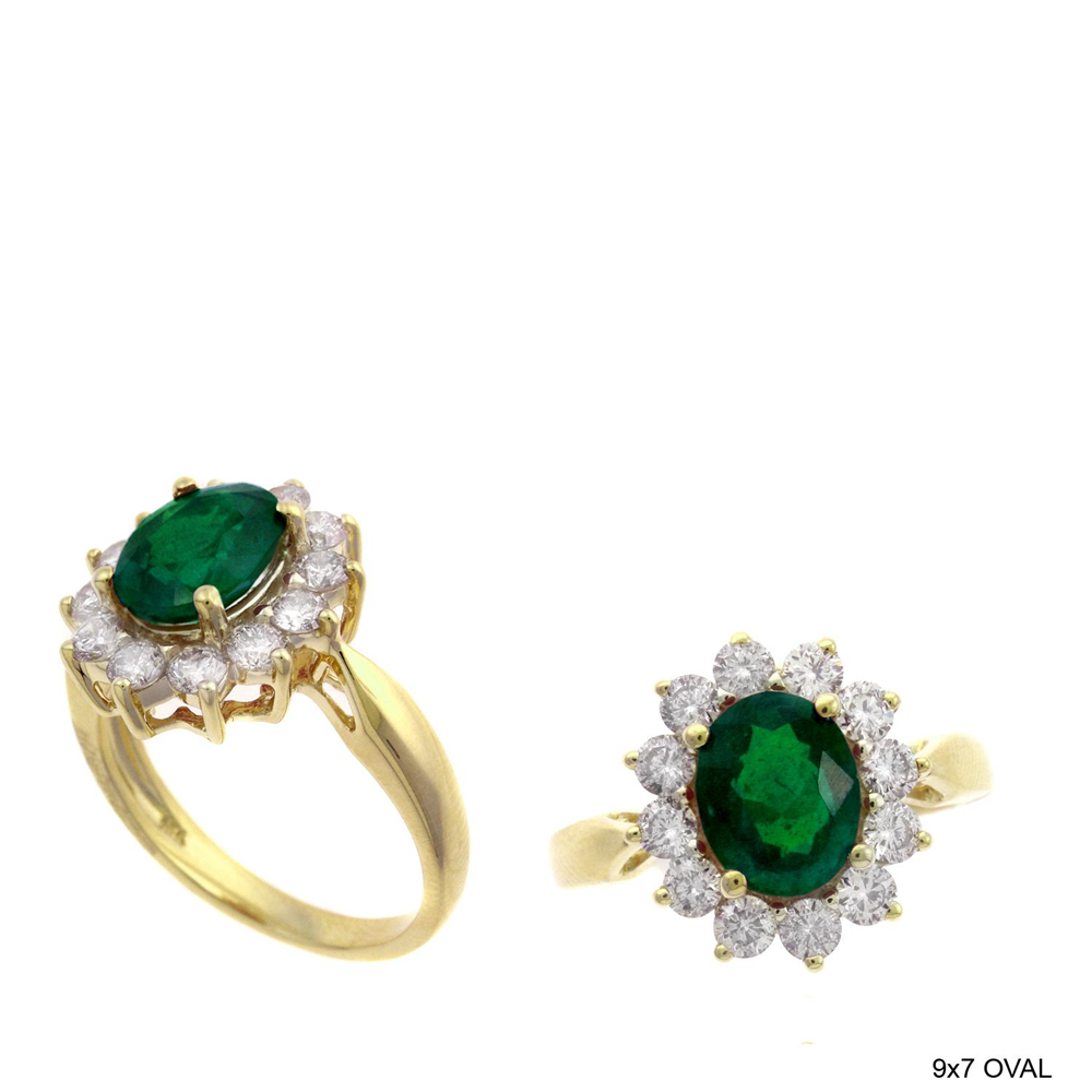 Displayed against a white background, two Ryan Gems rings, model RSP6745E, feature oval emerald gemstones (1.80ct) encircled by small round diamonds (0.96ct) in stunning yellow gold; one ring stands upright while the other is angled to highlight the beautiful settings.