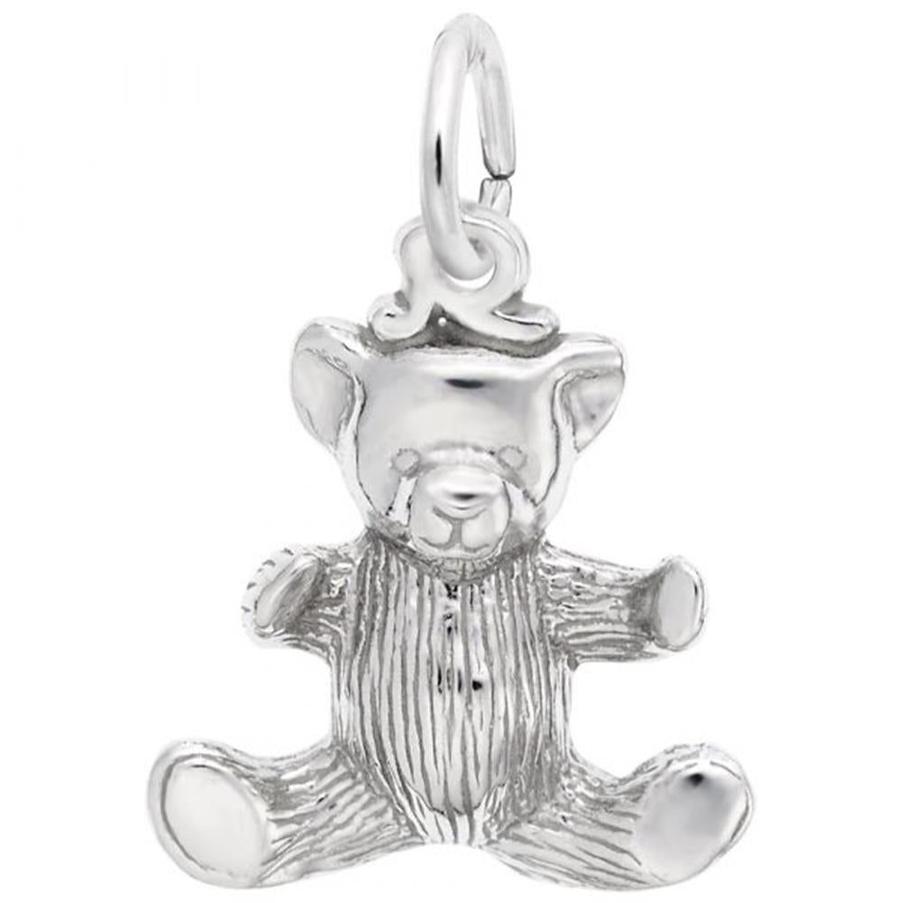 A detailed Sterling Silver teddy bear pendant from Rembrandt Charms, featuring outstretched arms, an intricate fur-like texture, and a small loop for hanging on a necklace or bracelet. The Teddy Bear Charm / Sterling Silver is perfect for any jewelry collection.