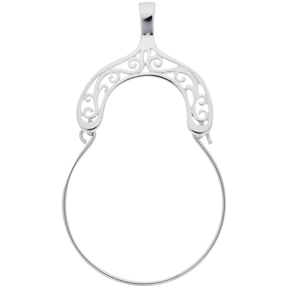 The "Charm Holder Filigree Arch" by Rembrandt Charms is a sterling silver, pear-shaped pendant adorned with an intricate filigree arch pattern at the top. The lower part of the pendant is a simple, smooth ring, providing a delicate contrast to the ornate scrollwork design above, making it an elegant accessory.