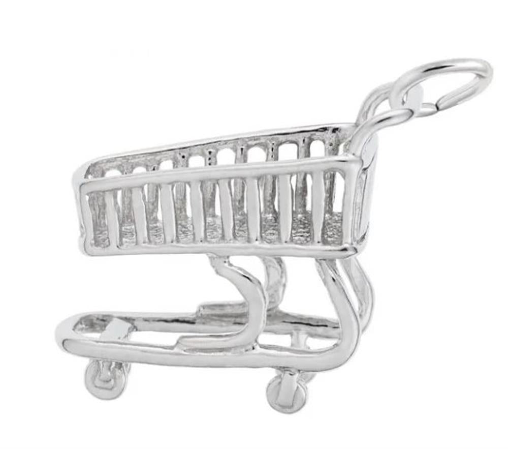 The Rembrandt Charms Shopping Cart Charm in sterling silver features intricate details, including a handle, basket, and four small, round wheels. It also has a loop at the front, making it easy to attach to jewelry such as bracelets or necklaces.