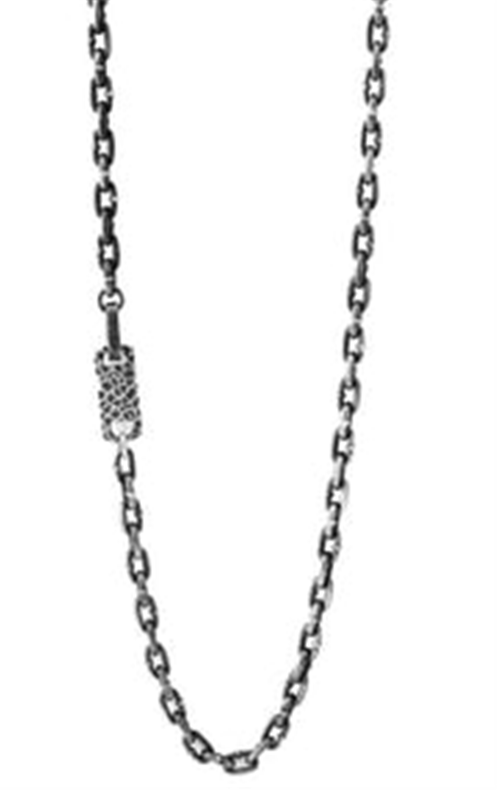The SS boat link necklace with hook from King Baby is crafted from silver and features uniformly sized links. It boasts a small, rectangular pendant encrusted with shiny stones that adds an elegant touch to its design. The displayed image showcases the necklace against a plain white background.