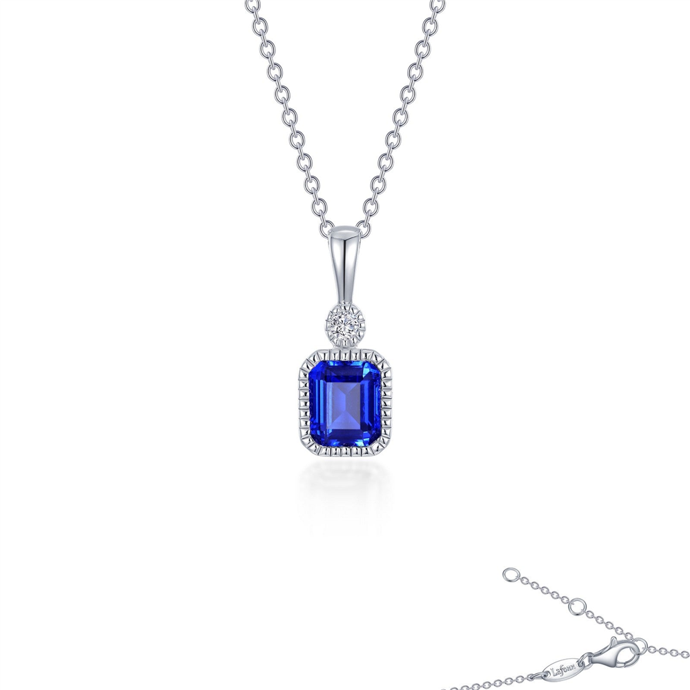 The Lafonn SEPT sim diamond, sapphire necklace features a rectangular blue sapphire pendant with a round sim diamond accent above, all set in detailed silver on a visible chain and clasp against a white background.