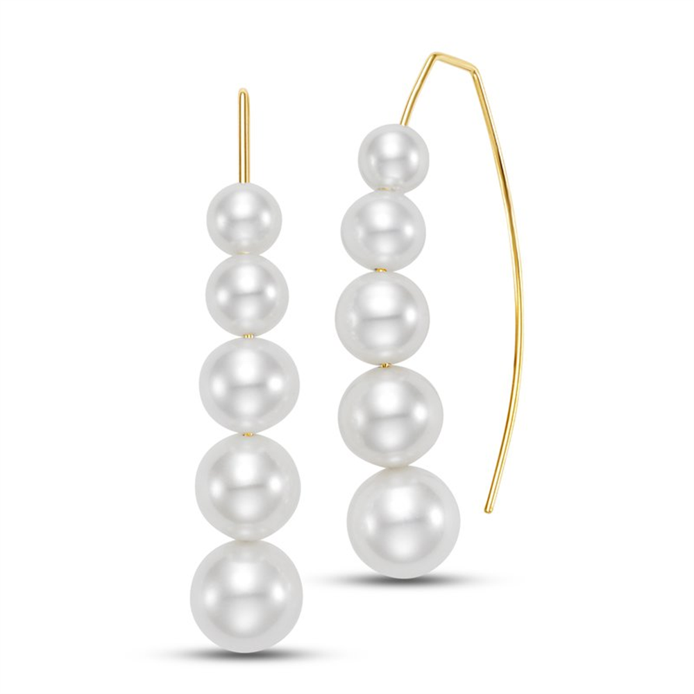 The Mastoloni Pearls 5-8.5MM Freshwater Pearl Graduated Drop Wire Earrings feature five vertically stacked white freshwater pearls on each earring with delicate curved gold wire hooks.