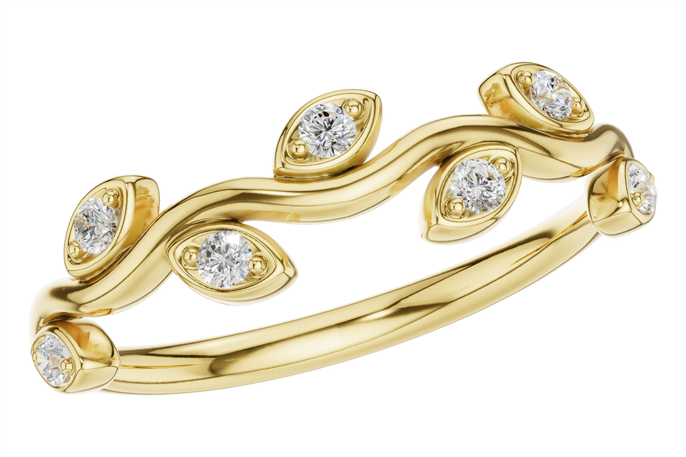 The Allison Kaufman 14k Yellow Leaf Wedding Band features a wavy 14k gold band with six round diamonds set in marquise-shaped bezels, evenly spaced along the top, and is expertly crafted in a unique leaf design.