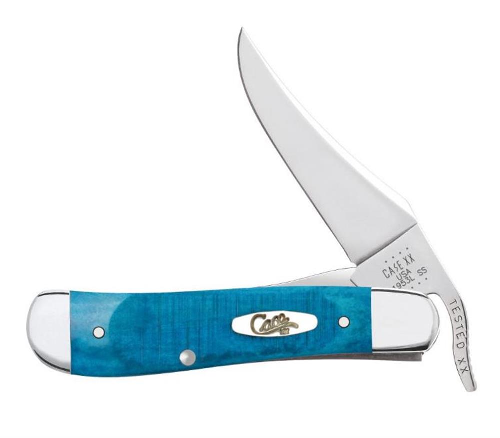 A Caribbean Blue Bone Sawcut Jig RussLock from W.R. Case & Sons Cutlery Co. with a Caribbean Blue handle and a sleek silver blade, partially open. The handle features metallic accents and a branded emblem. The blade has inscriptions near its base.