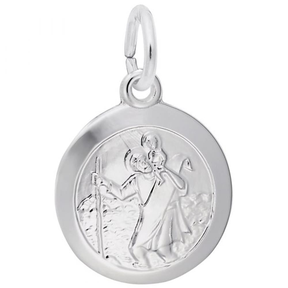 The Rembrandt Charms St. Christopher Charm is a round, sterling silver pendant that beautifully showcases a raised depiction of St. Christopher carrying a child on his shoulders. The figure holds a staff and appears to be walking, symbolizing faith and protection. A loop at the top provides easy attachment to a necklace or chain.