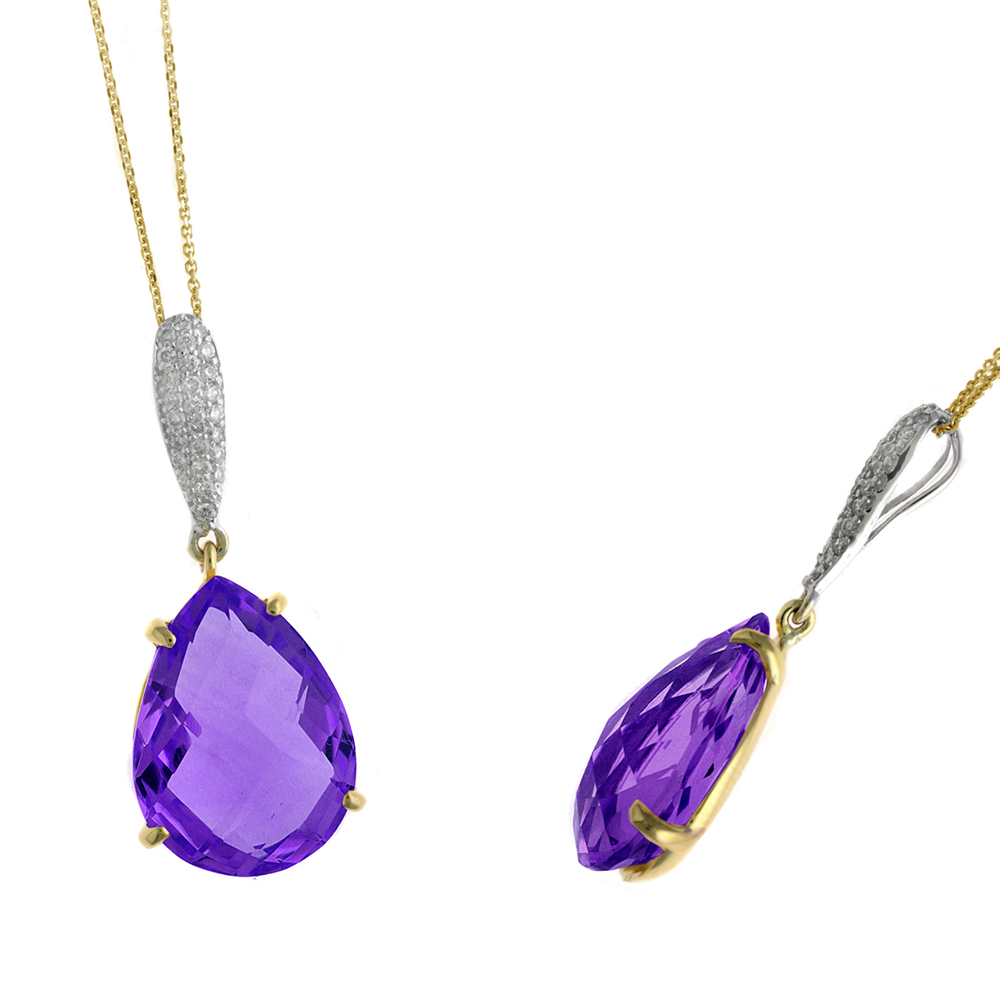 The Ryan Gems PWY12498A necklace features an 8 carat pear-shaped amethyst adorned with 0.13 carat diamonds in elegant white gold, showcasing stunning front and side views.