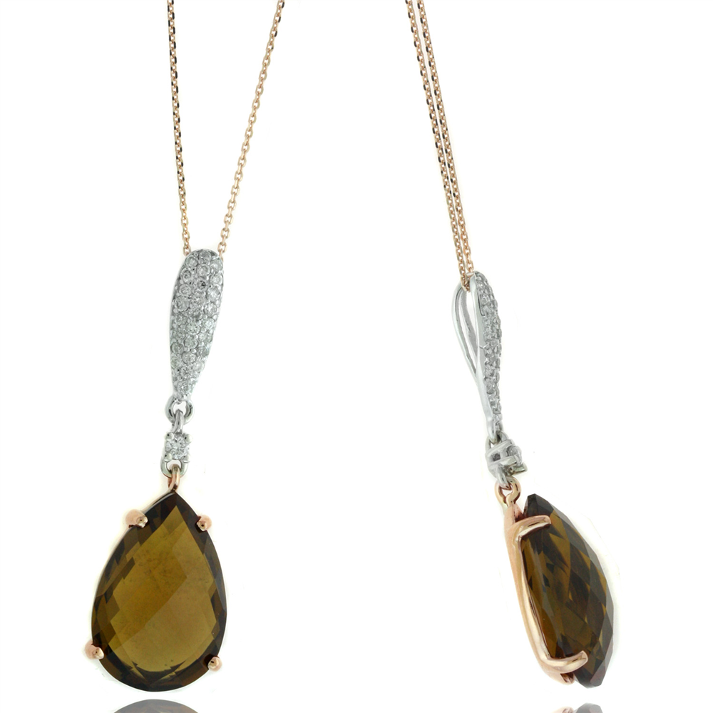 Ryan Gems' PWR12649CQ features two necklaces with large teardrop-shaped cognac quartz gemstones. Rose gold-toned chains highlight pendants adorned with 0.15ct pavé-set diamond accents, while faceted gems enhance their sparkle beautifully.