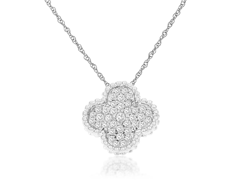 The Royal Jewelry 14k WG clover diamond pendant boasts a 0.18tcw clover adorned with diamonds on an intricate, delicate chain that complements the elegant design.
