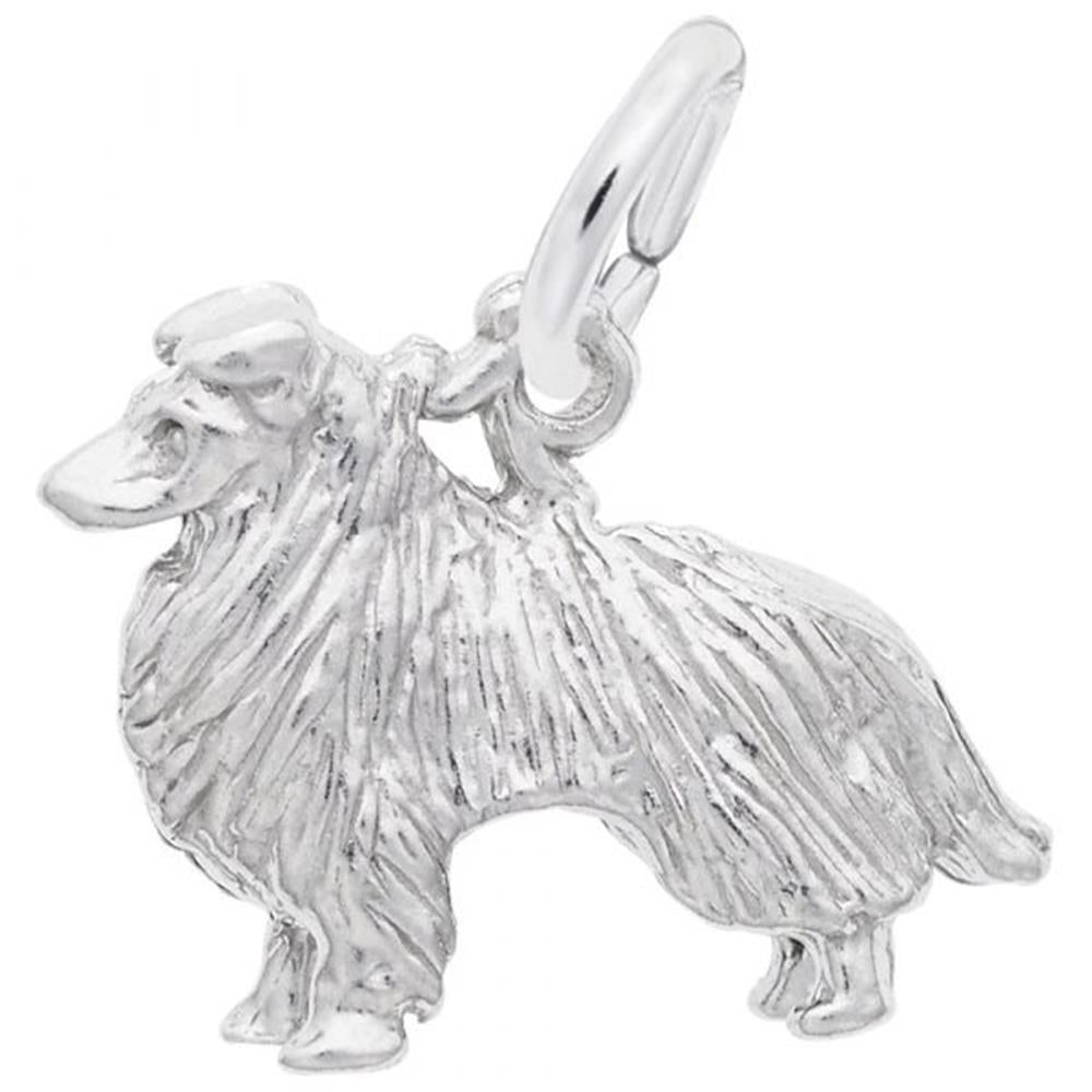 The Collie Dog Charm in Sterling Silver by Rembrandt Charms features a meticulously detailed collie with an intricate fur texture, standing gracefully on all fours. It includes a small loop, making it easy to attach to your favorite bracelet or necklace.
