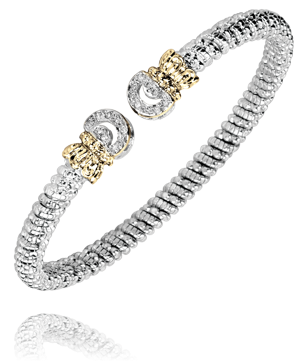 An Alwand Vahan Jewelry bracelet crafted from 14k gold and sterling silver, featuring a 4mm twisted rope band with two diamond-encrusted clasps (0.14 carat total weight) facing each other in the center. The bracelet's design casts a subtle shadow, creating a floating appearance against a white background.