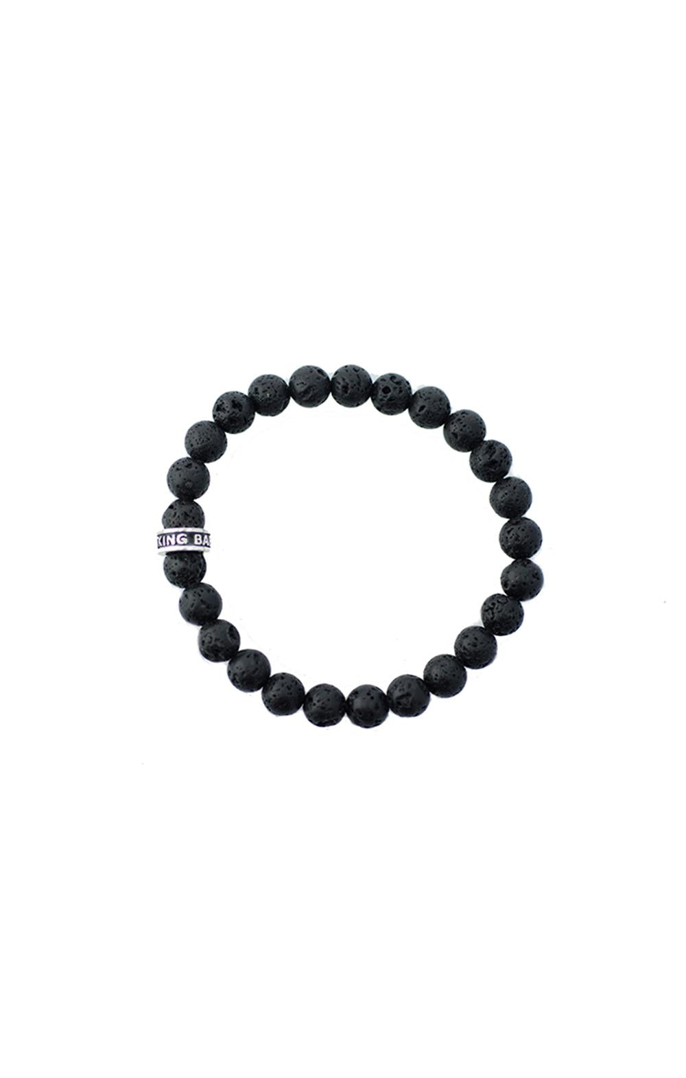 The King Baby 8mm Lava Rock Beads & Silver Bracelet features black lava stone beads and a silver rectangular tag, all set in a sleek circular design against a white background, exuding understated sophistication.
