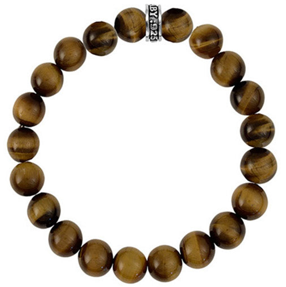 The King Baby 10mm Brown Tiger Eye Bead Bracelet features round tiger's eye beads on an elastic cord, highlighting natural brown hues. A sterling silver rectangular bead inscribed with "BY 925" adds a beautiful accent. Crafted by King Baby Studio in the USA, released in 2021.
