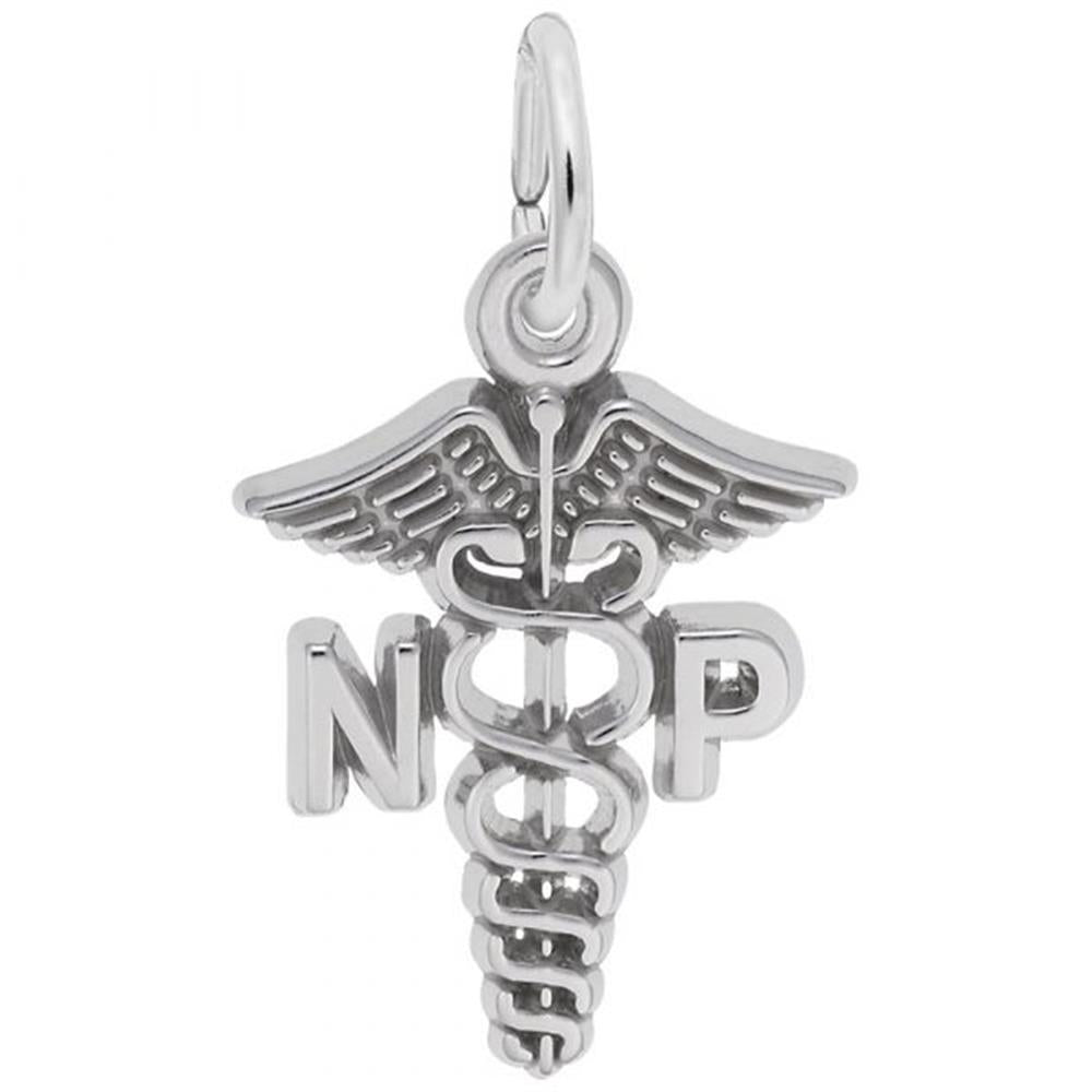 The Rembrandt Charms Nurse Practitioner Charm in sterling silver features a caduceus symbol with a pair of wings at the top and two snakes entwined around a central staff. The letters "N" and "P" are prominently displayed on either side of the staff near the top, representing Nurse Practitioner.