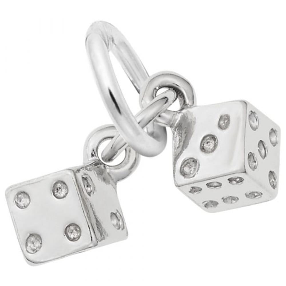 Rembrandt Charms' Dice Charm in sterling silver features two interconnected six-sided dice, each adorned with small round studs to indicate the numbers. The dice are linked by a circular metal loop and boast a polished, reflective finish.
