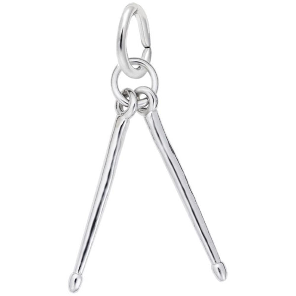 The Drum Sticks Charm by Rembrandt Charms is a sterling silver pendant featuring two crossed drumsticks with smooth surfaces and rounded tips, dangling from a small loop.